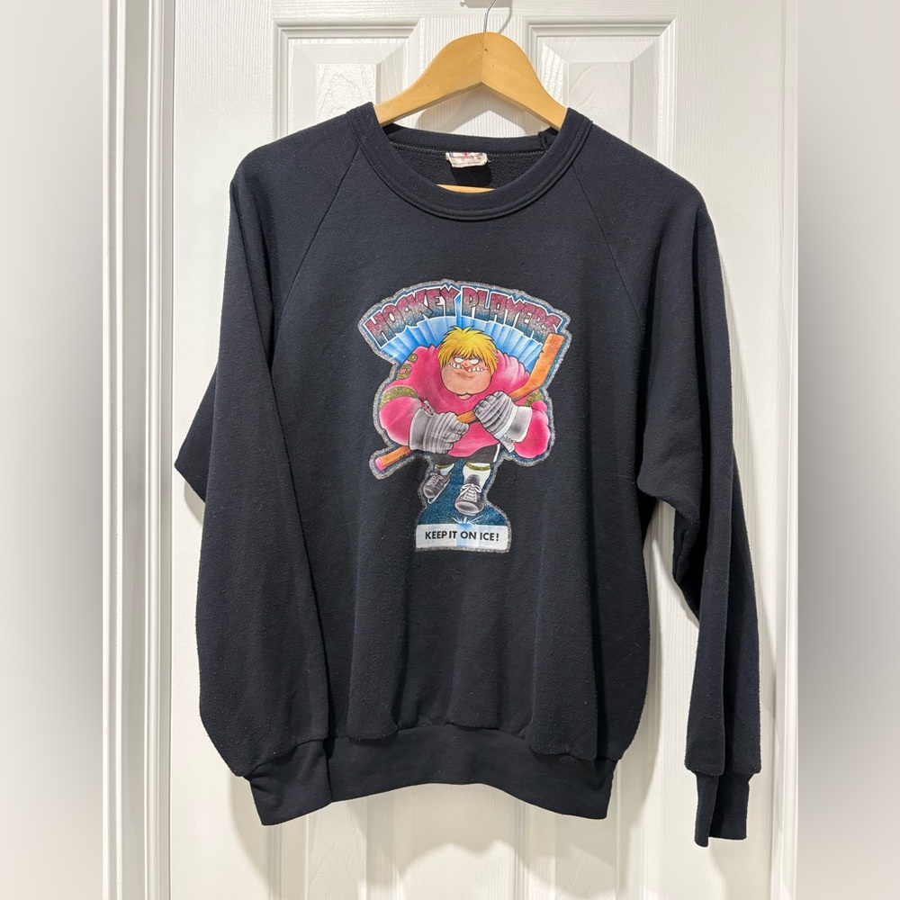 Vintage 1970s-80s Black Hockey Sweatshirt Iron On Graphic Made Canada Small